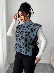 Elenzga 女款秋冬優雅時尚豹紋綁帶無袖寬鬆顯瘦大尺碼針織背心毛衣，外套上衣 - 淺藍色 - 查看 6