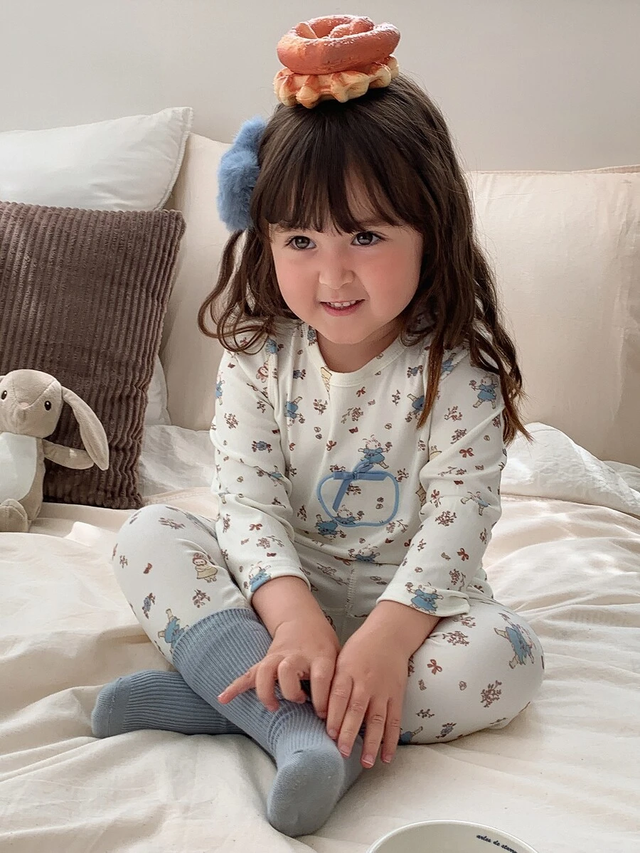 DAZY Baby Girls Round Neck All-Over Print Long Sleeve T-Shirt And Long Pants Loungewear Fall - Beige - View 1