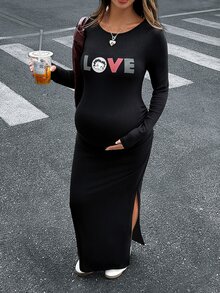 Lyckli Betty Boop x SHEIN Maternity Casual Letter Embossed Side Slit Dress, Autumn - Black - View 3