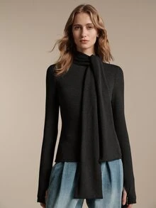 Anewsta Essential Autumn/Winter New High-Quality Standard Size Women's Design Ribbon Scarf High Neck Knitted Sweater, Slim Fit Flattering Versatile Long Sleeve Base Layer Top - Black - View 7