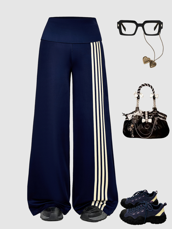 Sparklyn Teen Girls Fold-Over High Waist Side Vertical Stripe Wide Leg Flared Long Pants, Elastic Casual Street Style Daily Wear Navy Blue Sweatpants