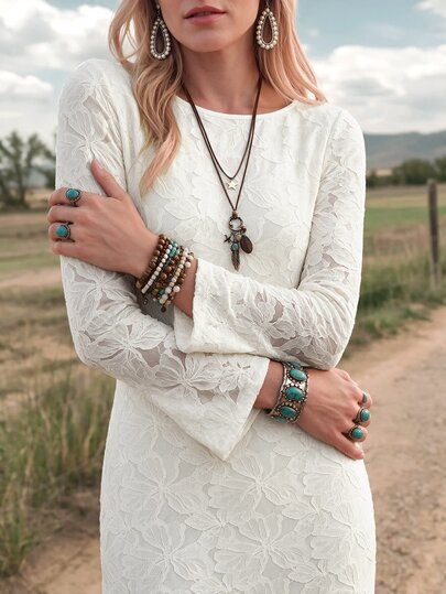 Wildy BOHO Casual Western Style Country Nomad Women's Long Dress Long Sleeve Textured Autumn/Winter Daily Basic Outfit For Outing And Commuting