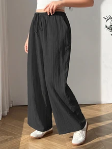SHEIN PETITE CURVE Women's Apricot Wide-Leg Woven Pants, Plus Size And Loose Fit - Dark Grey - View 5