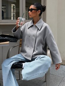 SHEIN Struktiv New Casual Minimalist Lapel Double-Breasted Drop Shoulder Faux Pocket Cropped Wool Jacket For Women's Daily Commute - Grey - View 5
