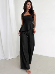 Firerie Women's Asymmetric Hem Vest & Long Pants Denim Set - Black - View 5