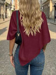 SHEIN New Spring Summer Coastal Minimal Asymmetric Knit Poncho Women Boat Neck Triangle Hem Resort Layering - Burgundy - View 2