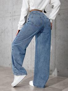 SHEIN Tween Girl Girls' Dark Blue Denim Loose Fit Long Pants - Medium Wash - View 2
