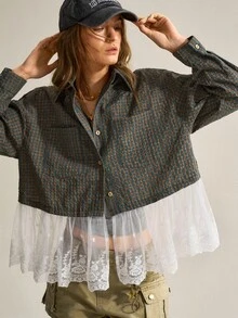 Women's Vintage Plaid Contrast Lace Blouse - Army Green - View 7