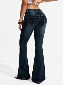Jeanoix Jeans Denim Biru Flare Pinggang Tinggi Gaya Vintage Kasual Musim Gugur untuk Pergi Keluar, Washed, Ukuran Besar untuk Wanita - Dark Wash - View 2