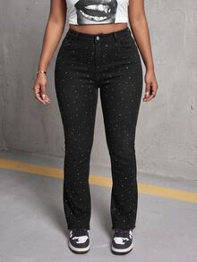 Slaydiva Plus Size Women's High Waist Skinny Denim Jeans With Speckled Rhinestone Embellishment, Black - Black - View 4