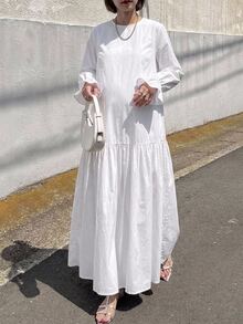 DAZY Solid Color Loose Ruffle Long Sleeve Round Neck Dress, Elegant Maternity Dress For Vacation And Daily Wear, Spring And Autumn - White - View 4