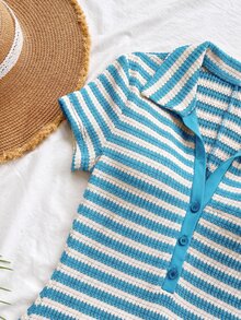 Soleia New Casual Vacation Lapel Short Sleeve Colorblock Striped Long Dress - Multicolor - View 6
