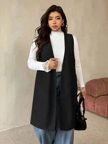 Auralis 大尺碼女款純色休閒百搭日常穿搭背心外套 - 黑色 - 查看 7