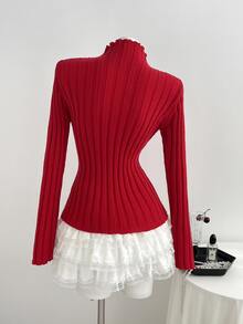 Elamini Sweater Wanita Lengan Panjang Kerah Tegak dengan Motif Huruf dan Potongan Slim Fit - Merah - View 2