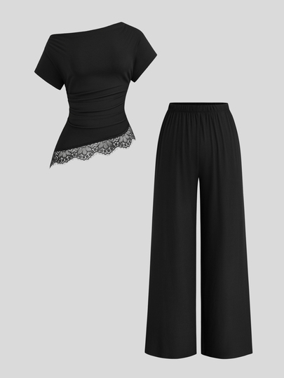 Sweetra Plus Size Slim Fit Asymmetrical Shoulder Short Sleeve Top And Wide Leg Pants Set, Black Short Sleeve Asymmetrical Hem Lace Patchwork Waist-Cinching Slimming Cropped Top And Elastic Cinched Waist Wide Leg Pants, Plus Size 2 Pieces Set, Minimalist 2 Pieces Set