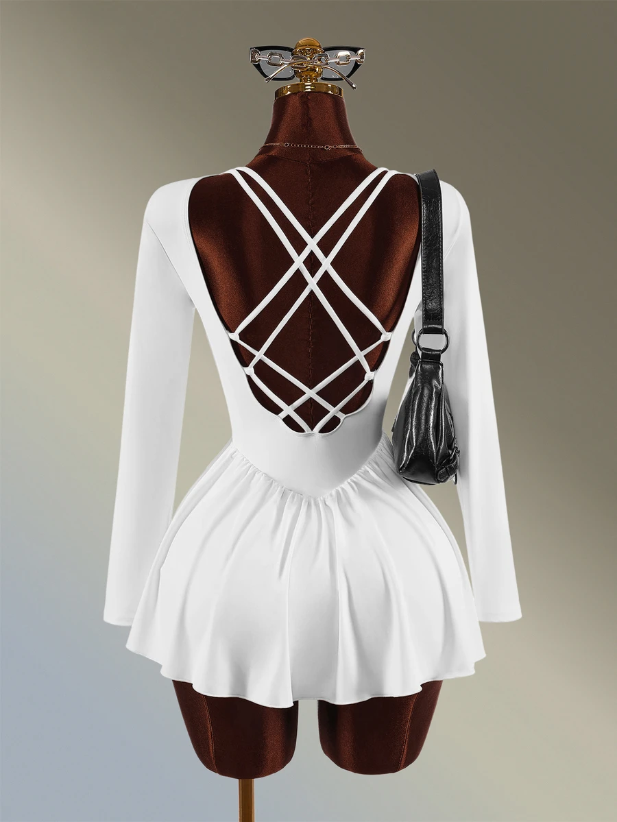 Amplova Women's Solid Color Backless Sports Dress Workouts And Casual Wear Going Out Daily Wear Gym Fitness Running Backless Sexy Long Sleeve Tennis - White - View 1