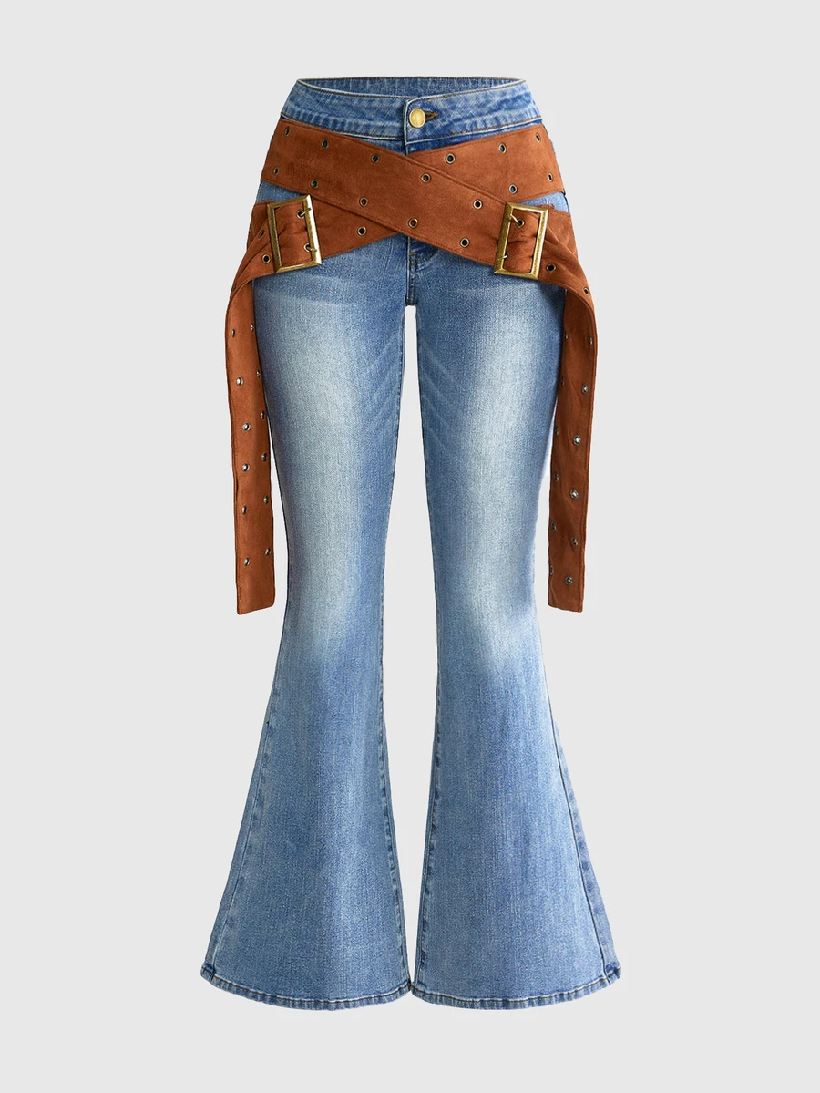 ROMWE Autumn/Winter Hippie Faux Suede Vintage Washed Stretch Denim Flare Jeans For Women - Medium Wash - View 1