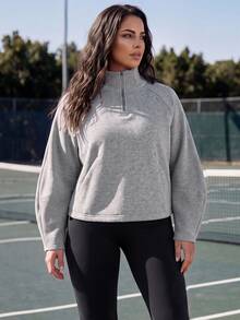 EMERY ROSE Sweatshirt Wanita Ukuran Besar Warna Polos Lengan Panjang Raglan Setengah Resleting untuk Bisnis Kasual Smart Casual Tradisional Western untuk Olahraga Tenis Pink Hitam Musim Semi - Grey - View 5