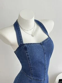 Elamini Festival Standard Size Women's Blue Non-Stretch Halter Neck Denim Jumpsuit - Medium Wash - View 5