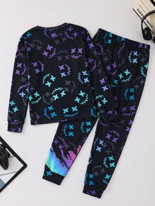 SHEIN 青少年男孩霓虹遊戲機圖案圓領長袖褲子休閒舒適修身居家睡衣套裝 2件組 - 彩色 - 查看 2