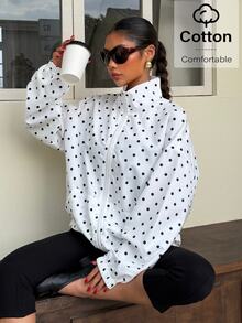 Muchica Women's White Woven Polka Dot Long Sleeve Zip-Up Jacket - Black and White - View 4