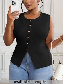 SHEIN PETITE CURVE 大尺碼女款休閒優雅傳統純色前開扣無袖針織上衣，夏季女裝辦公商務正式黑色 - 黑色 - 查看 1