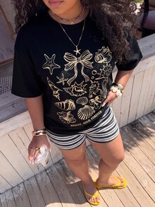 Muchica 大尺碼女款貝殼印花短袖上衣與短褲休閒日常兩件套 - 黑色 - 查看 5