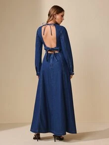 Selenza Fall Sexy Bow Long Sleeve Backless Denim Daily Wear Washed Comfortable Denim Dress For Women - Dark Wash - View 2