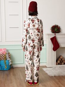 Chillnights Women's Christmas Print Santa Claus & Christmas Tree Casual Lapel Long Sleeve Pants Pajama Set - Apricot - View 2