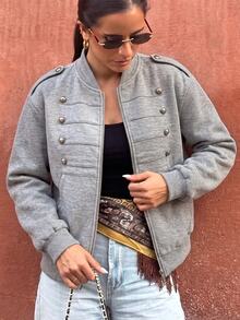 SHEIN American Retro Button Decor Grey Sweatshirt Fabric Baseball Collar Zip-Up Casual Short Jacket - Grey - View 5