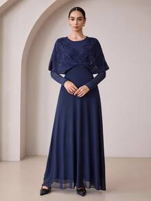 Graceveil Navy Blue Lace Twisted Shawl Style 2 In 1 Long Sleeve Evening Gown - Royal Blue - View 5