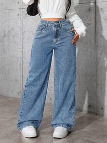 SHEIN Tween Girl Girls' Dark Blue Denim Loose Fit Long Pants - Medium Wash - View 5