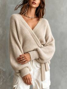 LUMIGAL Sweater Wanita Bergaya Vintage dengan Tali Pengikat untuk Liburan dan Perjalanan - Khaki - View 3
