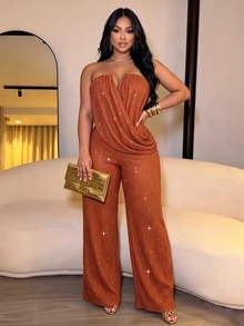 SOLERSUN Plus Size Elegant Party Strapless Ruched Draped Wide Leg Jumpsuit, High Elastic Textured Shiny Party, Fashion Elegant Commute Party Halloween Party - Rust Brown - View 3