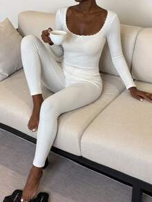 Livesso Autumn/Winter Brushed Knit Lace Trim Square Neck Slim Fit Women's Pajama Set - White - View 1