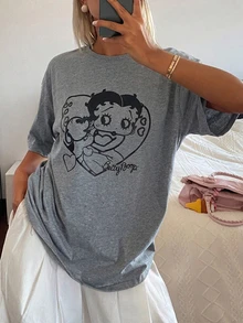 DAZY 女款卡通印花休閒短袖T恤，適合日常穿著 - 灰色 - 查看 7
