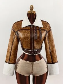 Amplova PU Composite Faux Fur Cropped Waist Jacket, Retro Dropped Shoulder, Autumn/Winter - Brown - View 1