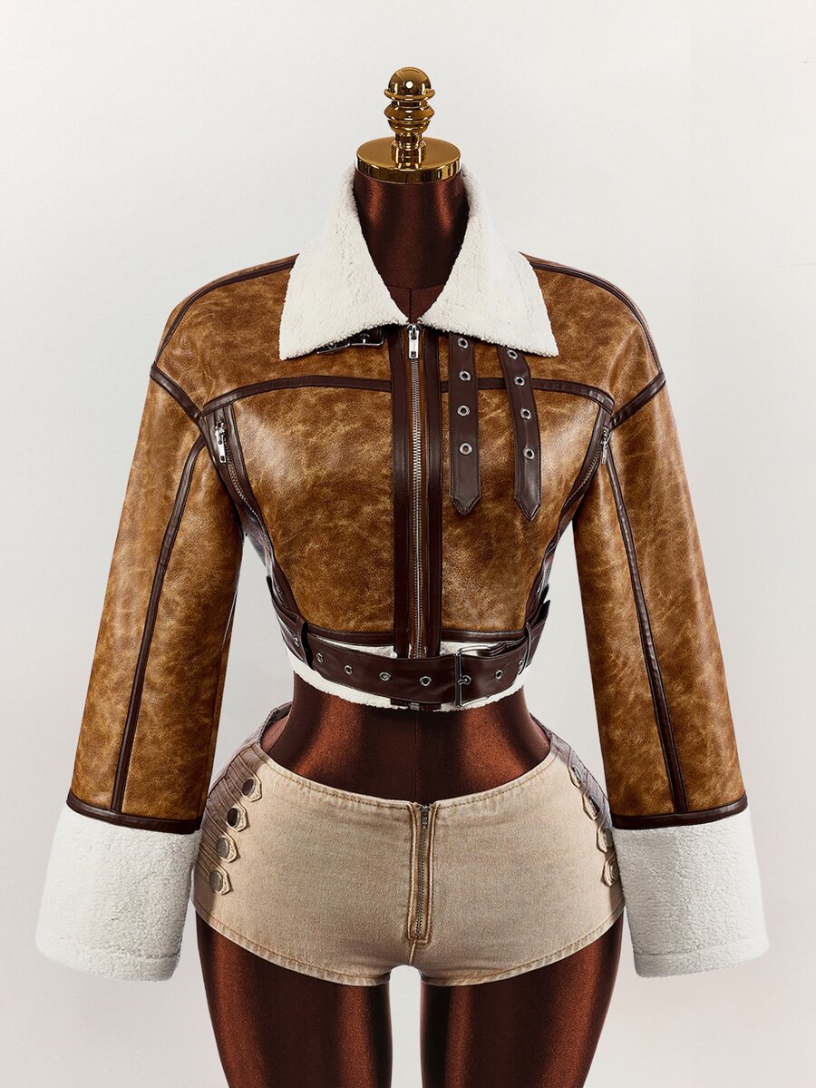 Amplova PU Composite Faux Fur Cropped Waist Jacket, Retro Dropped Shoulder, Autumn/Winter - Brown - View 1
