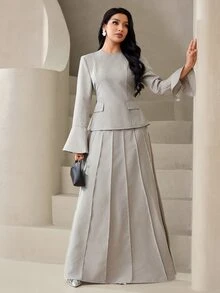 Veilorie Women's Solid Color Round Neck Flare Sleeve Blouse And Pleated Skirt Elegant 2 Pieces Set - Khaki - View 5