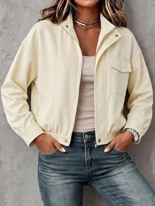 Breezaya Jaket Wanita Warna Polos, Bahu Longgar, Lengan Panjang, Resleting Depan, Saku Serbaguna, Cocok untuk Perjalanan Sehari-hari, Warna Beige, Musim Gugur, Kasual, Gaya Jalanan. - Khaki - View 6