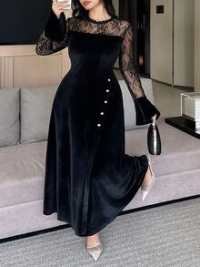 Dazy Plus Contrast Lace Elegant Party Dress Velvet Black Long Spring Autumn Dress - Black - View 6