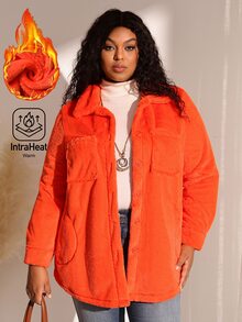 BrightlyHer Jaket Fleece Oranye Tua Ukuran Besar, Saku Depan Kancing, Leher Bulat, Lengan Panjang, Pakaian Luar Kasual Musim Gugur/Musim Dingin 2026 - Burnt Orange - View 1