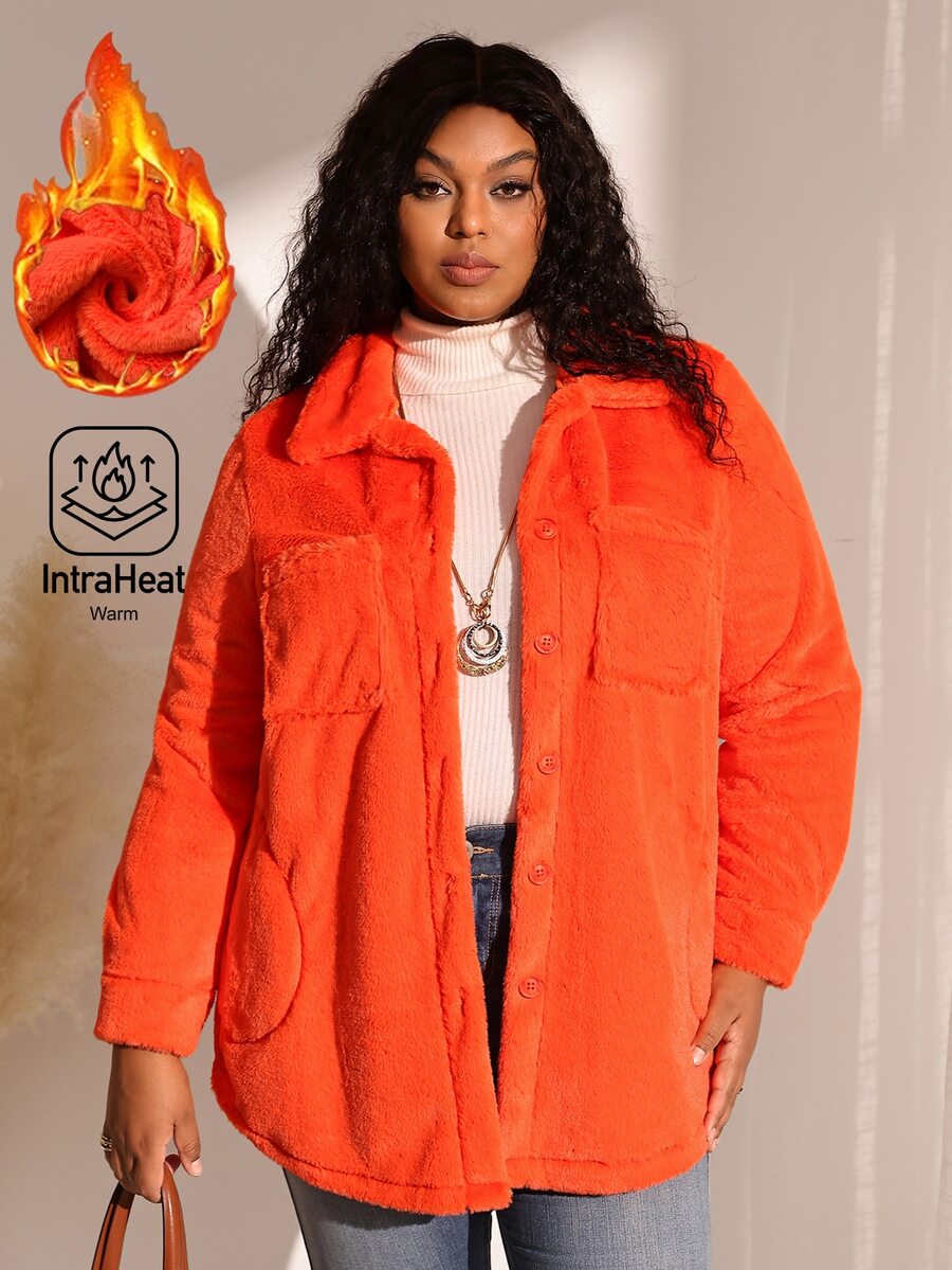 BrightlyHer Jaket Fleece Oranye Tua Ukuran Besar, Saku Depan Kancing, Leher Bulat, Lengan Panjang, Pakaian Luar Kasual Musim Gugur/Musim Dingin 2026 - Burnt Orange - View 1