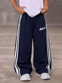 Kids Tween Boy Casual Collegiate Style Heather Grey Sweatshirt & Sweatpants Set, Suitable For Spring/Summer, Valentine's Day, Dates, Family Gatherings, Back To School, Wedding Season, Sports, Birthday Parties - Navy Blue - View 3