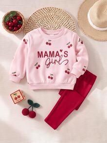 SHEIN 2pcs/Set Cute Cherry Pattern Sweatshirt & Elastic Waist Long Pants Outfit For Baby Girls - Pink - View 6