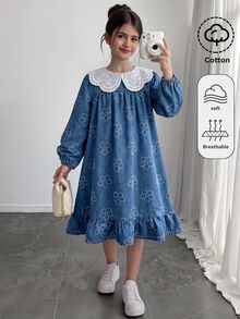 SHEIN Girls' Blue Denim Floral Tween Girl Kids Print Round Neck Long Sleeve Ruffle Hem Dress - Blue and White - View 1