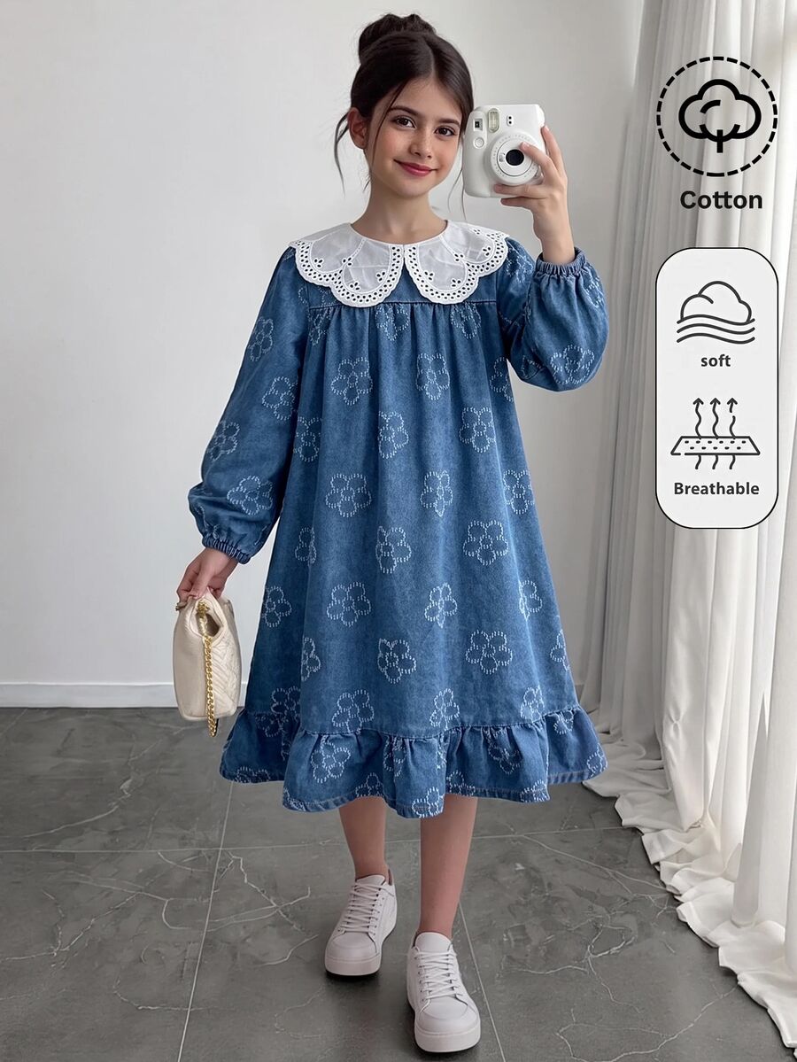 SHEIN Girls' Blue Denim Floral Tween Girl Kids Print Round Neck Long Sleeve Ruffle Hem Dress - Blue and White - View 1