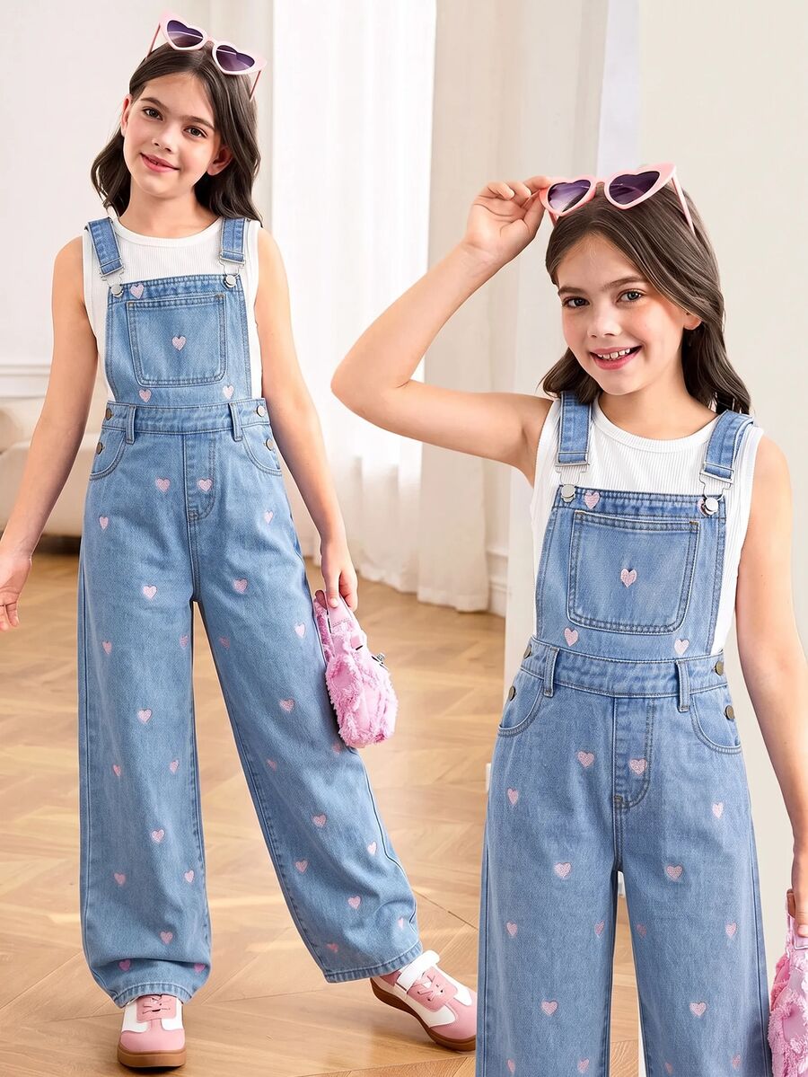 SHEIN Girls' Blue Denim Loose Overalls With Heart Embroidery Pattern - Blue - View 1