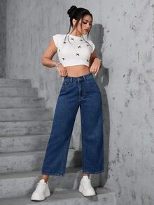 SHEIN PETITE 女款寬鬆直筒寬腿顯瘦淺色四季短版牛仔褲 - 深色水洗藍 - 查看 6