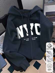 Resyla 冬季外套 外出上衣 街頭風百搭字母印花女款連帽長袖運動衫 適合秋冬 - 藏蓝色 - 查看 1